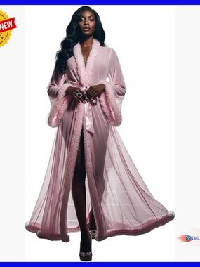 Plus Size Sheer Mesh Long Kimono Robe with Faux Fur Trim Bridal Lingerie